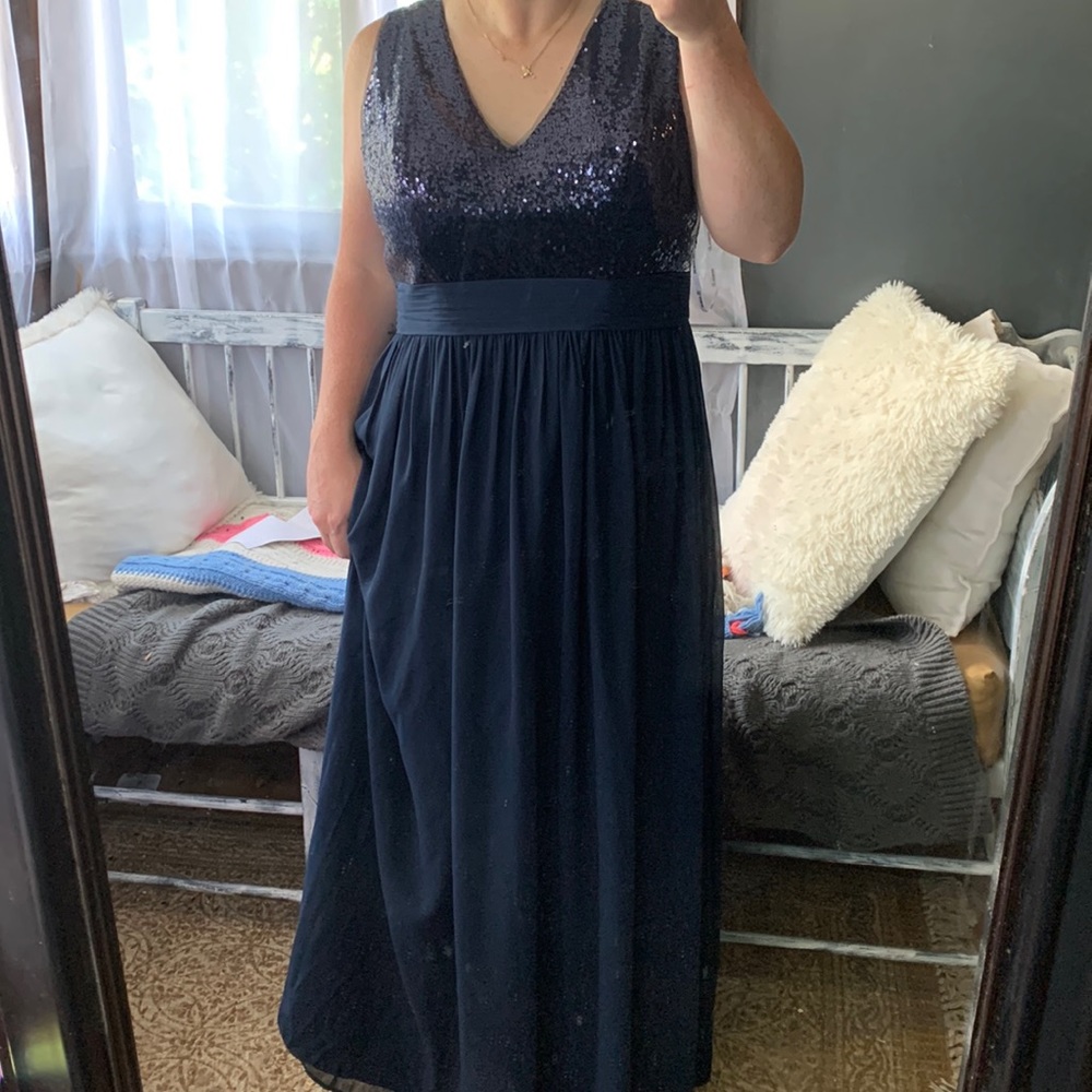 Navy Blue Long V-neck Sequin & Poly Chiffon Bridesmaid Dress